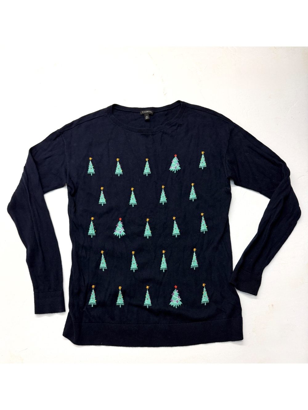 Talbots Navy Blue Christmas Tree Cashmere Blend Sweater XS